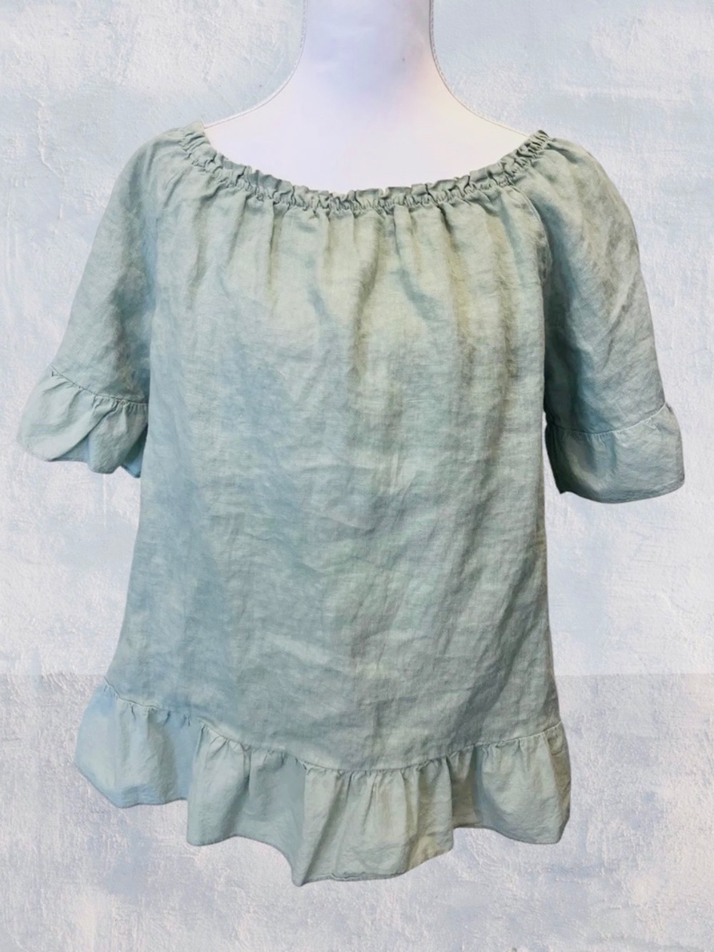 Terzo Millennio Sage Green 100% Linen Natural Fiber Ruffle Hem Top Italy Large